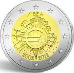 2 евро Бельгия 2012 год 10 лет наличному обращению евро