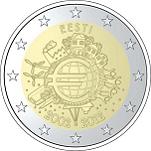 2 евро Эстония 2012 год 10 лет наличному обращению евро