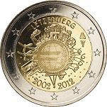 2 евро Люксембург 2012 год 10 лет наличному обращению евро