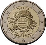 2 евро Мальта 2012 год 10 лет наличному обращению евро