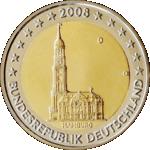 2 евро Германия 2008 год Третья монета серии «Федеральные земли Германии» — Церковь св. Михаила, Гамбург