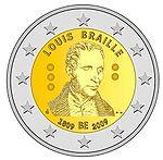 2 евро Бельгия 2009 год 200 лет с рождения Луи Брайля