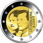 2 евро Люксембург 2009 год 90 лет вступления на престол Герцогини Шарлотты