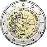 2 евро Португалия 2010 год 100 лет Португальской Республике