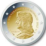 2 евро Монако 2012 год 500 лет со дня признания независимости Монако при Люсьене Гримальди