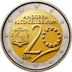 2 евро Андорра 2014 год 20 лет в Совете Европы