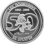 5 евро Бельгия 2008 год 50 лет героям комиксов Смурфам и 80 лет со дня рождения их создателя Пейо