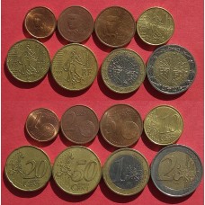 Подборка евромонет Франции 1 евроцент - 2 евро (8 монет), года: разнобой 1999-2013 из обращения